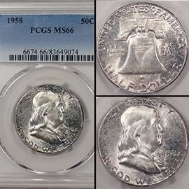 Coins MS 66 1958 Silver Franklin Half Dollar