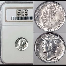 Coins MS 66FB 1942 Silver Mercury Dime NGC Graded