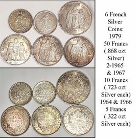 Coins Silver French 50 10 and 5 Francs