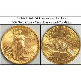 1914-S Gold St Gaudens American Eagle $20 Coin