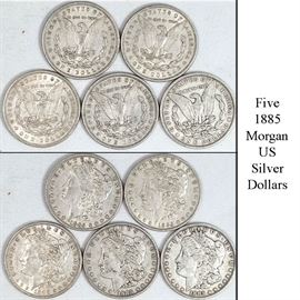 Coins 1885 Morgan Silver Dollars Five