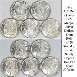 5 AU/UNC 1921 Morgan Silver Dollars