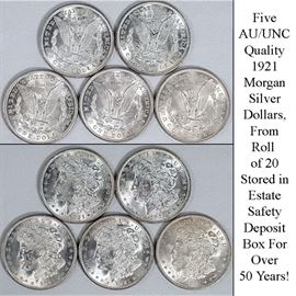 5 AU/UNC 1921 Morgan Silver Dollars