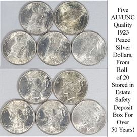 5 AU/UNC 1923 Peace Silver Dollars