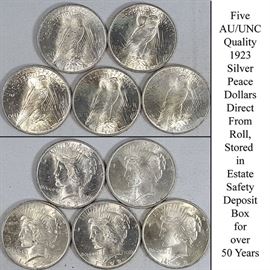 5 AU/UNC 1923 Peace Silver Dollars