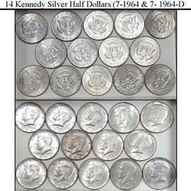 14 Kennedy Silver Half Dollars (7 - 1964, 7- 1964-D)