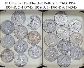 Coins Silver 10 Misc Franklin Half Dollars