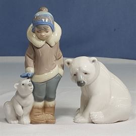 Lladro Eskimo boy and Pet  & Sitting Polar Bear Figurines