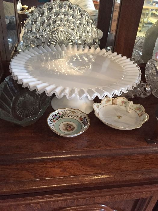 Fluted Fenton Ruffle Glass cake plate with miscellaneous Depression glass and China 