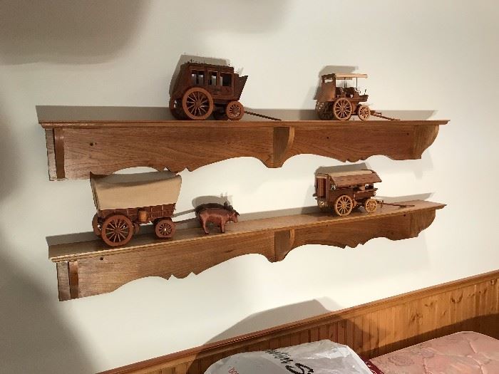 Wooden shelves with carved wooden wagons - Very Unique!