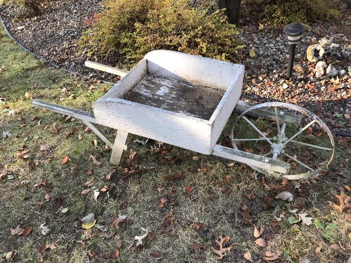 Very nice vintage garden wooden wheel barrel with steel wheel