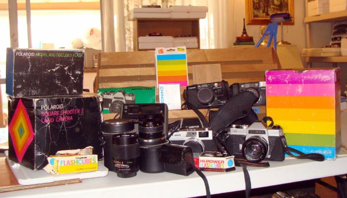 Vintage Camera, Cameras, Canon, Chinon, Japan, Kodak, Polaroid, Lenses, flash cubes, photography supplies