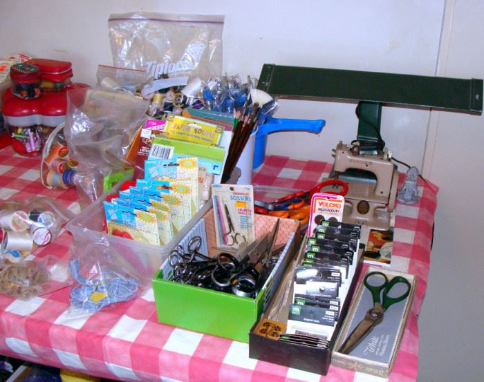 Craft supplies, scissors, pinking shears, vintage metal desk lamp, thread, needles, pins, sewing box, boxes, colored pencils