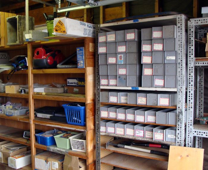 Garage, tool bins, metal storage racks, shelf, shelves, tools