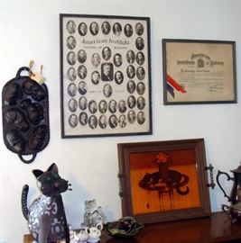 1920's American Institute of Baking, Cast Iron Baking Mold, Cat figures, serving tray, Silver Plate Tea Coffee Set