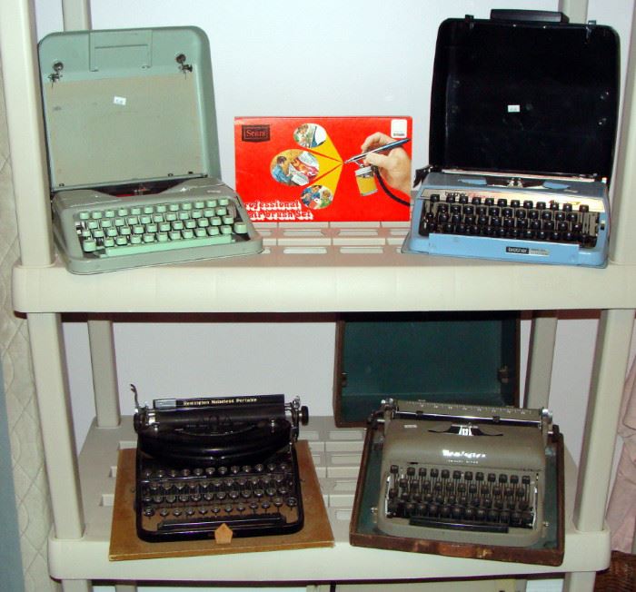 Vintage Typewriters, Remington Travel-Riter, Hermes Rocket, Brother Charger II, Remington Noiseless, Vintage NIB Professional Airbrush Set