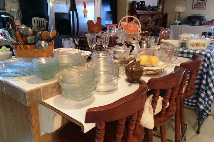 Full Kitchen!  Glass Plates, Vintage Teapots, Two Patterns of Corning Ware, Pyrex, Wooden Tools, Mid-Century Kitchen Items, Three Barstools, More.