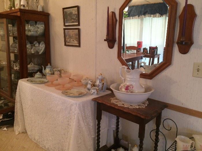 Oak Mirror and Candle Sconces, Small Antique Wooden Table w/ Pitcher and Bowl Set, Handpainted China, China Cabinet, EAPG, Crystal, China, More.