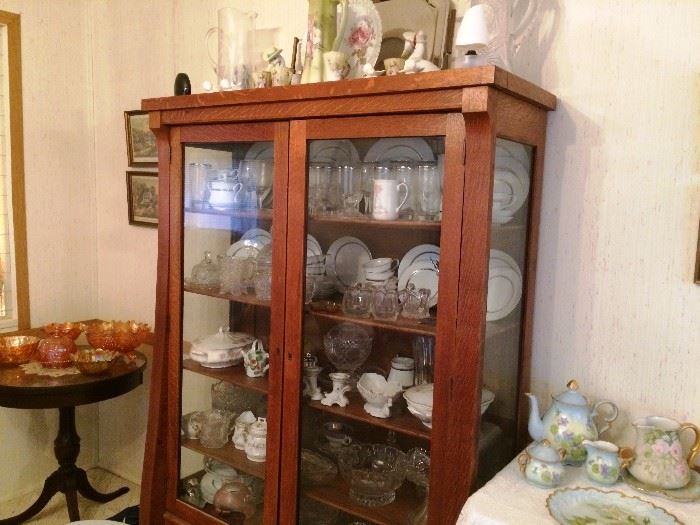 Handpainted China, China Cabinet, EAPG, Crystal, China, Carnival Peach Opalescent Glassware, Small Round Glasstop Table (One of a pair)