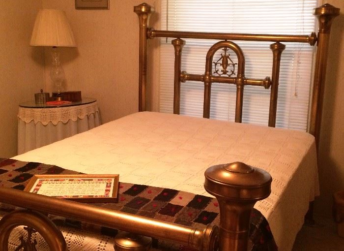 Ornate Double Brass Bed, Side Table, Lamp