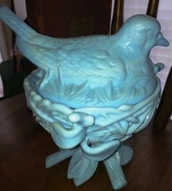 Westmoreland Blue Milk Glass Hen on Nest Pedestal