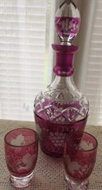 Cranberry Cut-to-clear, Decanter and Two Glasses