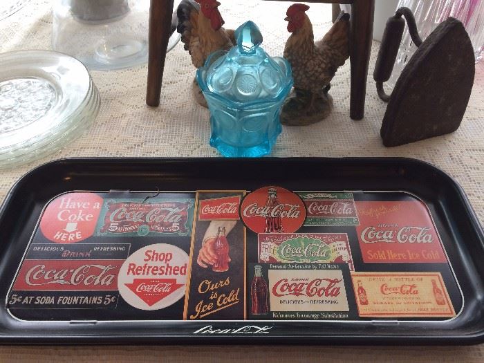 Authorized Coca-Cola Tray w/Vintage Ads, Antique Iron, Vintage Chickens, Blue Glass