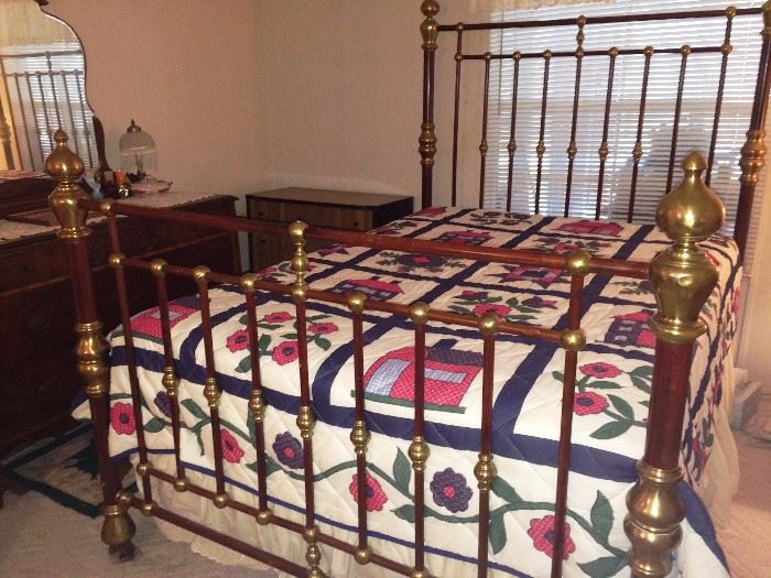 Vintage Mahogany and Brass Double Bed