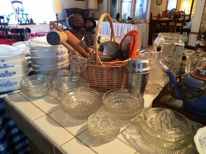 Corning Ware, Kitchen Implements, Tea pot, Glassware.