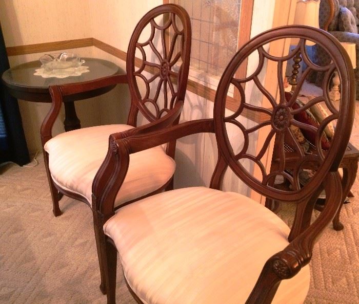 Pair of "Spider Web" Back Chairs.  Small Round Glass Top Table (one of a pair)