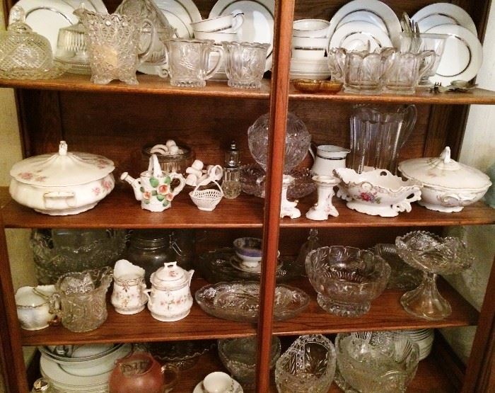 Covered Tureens, Heavy Crystal, EAPG of various patterns: Candy, Creamers, Sugars, Butter Dishes, More
