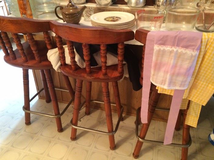 Three Barstools, Gold-Rimmed Plates, Teapots, Pyrex, Vintage Aprons, More