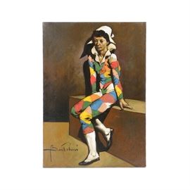 Edoardo Bertolini Oil Painting on Canvas "Arlecchino": An oil painting on canvas titled Arlecchino by artist Edoardo Bertolini. The work depicts a harlequin figure in a multicolored checkered costume, with a pensive facial expression. The figure sits in a desolate interior space rendered in brown hues. It is signed by hand to the lower left corner and presented unframed. The painting is presented with a handwritten note with additional information on this work.