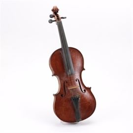 Vintage Frank Holcomb After Guarnerius Reproduction Violin: A vintage violin by Frank Holcomb, after a violin by Guarnerius. This violin has an ebony fingerboard, tailpiece, and pegs with inlay to the edges. It is marked “Guarnerius Copy, Made by Frank Holcomb, Hobart, Okla., 1937” to interior.