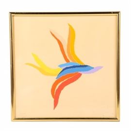 Arthur Secunda Printer's Proof Serigraph "Bird in Flight": A signed Printer’s Proof serigraph titled Bird in Flight by American printmaker Arthur Secunda (born 1927). This colorful screen print depicts a stylized bird shape, formed from yellow, red, orange, and blue ribbons of color. The work is signed in graphite in the lower left, and noted as a Printer’s Proof below the signature. It is presented under glass in a gold tone metal frame with a hanging wire to the verso.