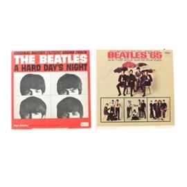 Two Vintage Beatles LPs": A pair of vintage Beatles records. Included is Beatles ’65 and A Hard Day’s Night. Records were released by Capital and United Artists respectively.