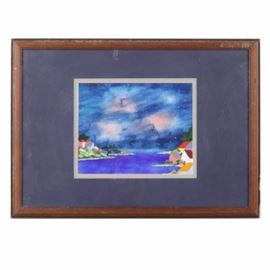 Enamel Painting on Panel of Night Town Scene: An enamel painting on panel. This piece depicts a riverside town painted underneath a starry night sky. It is signed what appears to read “Carole Jasper” on the back of the frame and is presented framed under glass with matting and a wire hanger in verso.