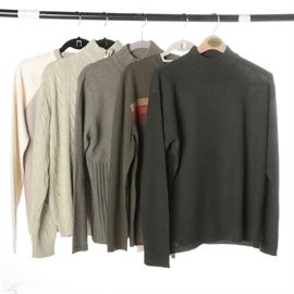 Men's Pullover Sweaters: A collection of men’s pullover sweaters. There are five sweaters included that are primarily taupe and grey in color with striped accents. Included is a cotton sweater tagged “Daniel Cremieux Classics” and remaining markings include “Metropolitan by Lord & Taylor”, “Claiborne”, “Covington”, “Daniel Cremieux Classics”.