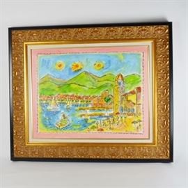 Wayne Ensrud Original Acrylic Painting "Collioure France": An original acrylic painting titled Collioure France by well listed artist Wayne Ensrud (American, b. 1934). This original acrylic landscape painting on canvas of Marmont Hill, on the Mediterranean coast of France. It depicts a colorful coastal inlet scene. The verso includes a pencil annotation by the artist "Colliure, France. Birthplace of “Les Fauves” – Matisse 1905." The art also includes a certificate of authenticity that is mounted to the verso. It is presented in a gold tone and black composite frame with a gold tone and linen border. It includes a rear wire and is ready to hang.