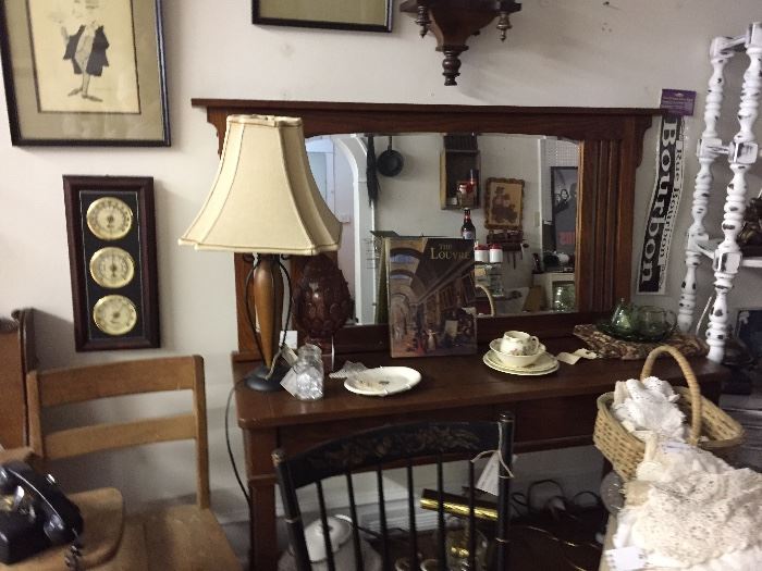 Arts and Crafts Sideboard, Mirror, Lamps, Pictures, Vintage Linens 