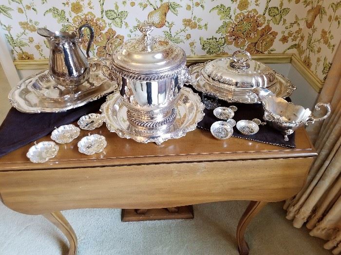 Silver plate ice bucket and other serving pieces