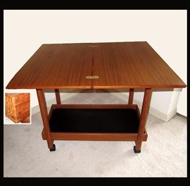 Danish Modern Teak Hinged Top Table which Swivels with Pull Out Tray