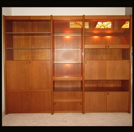 Impressive  Lighted Teak 3 Piece Wall Unit with Built in Bar