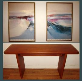Fran Wolhfelder Framed Posters and Danish Modern Teak Entry or Sofa Table 