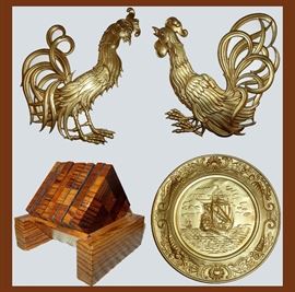 Mid Century Modern Metal Roosters, Wooden Coasters and One of a Pair of Brass Ship Plates 