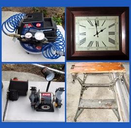 Small Compressor, Clock, Small Chain Saw, Ryobi Grinder and Black and Decker Work Bench  