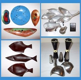 Mid Century Modern Copperware, Pewter, Wooden Fish and Very Cool Salt and Pepper Shakers