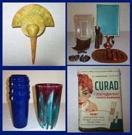 Unusual Brooch, Copper and Pottery and Vintage Curad Bandaid Box