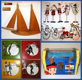 Signed Souvenir Wooden Boat from Canada, Cute Christmas Ornaments, The Entire Set of Time Life "The Swing Era" Albums and Jake Treasure Chest Toy 
