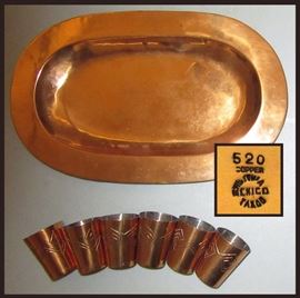 Victoria Taxco Mexico Signed Copper Platter and Set of 6 Small Cups 
